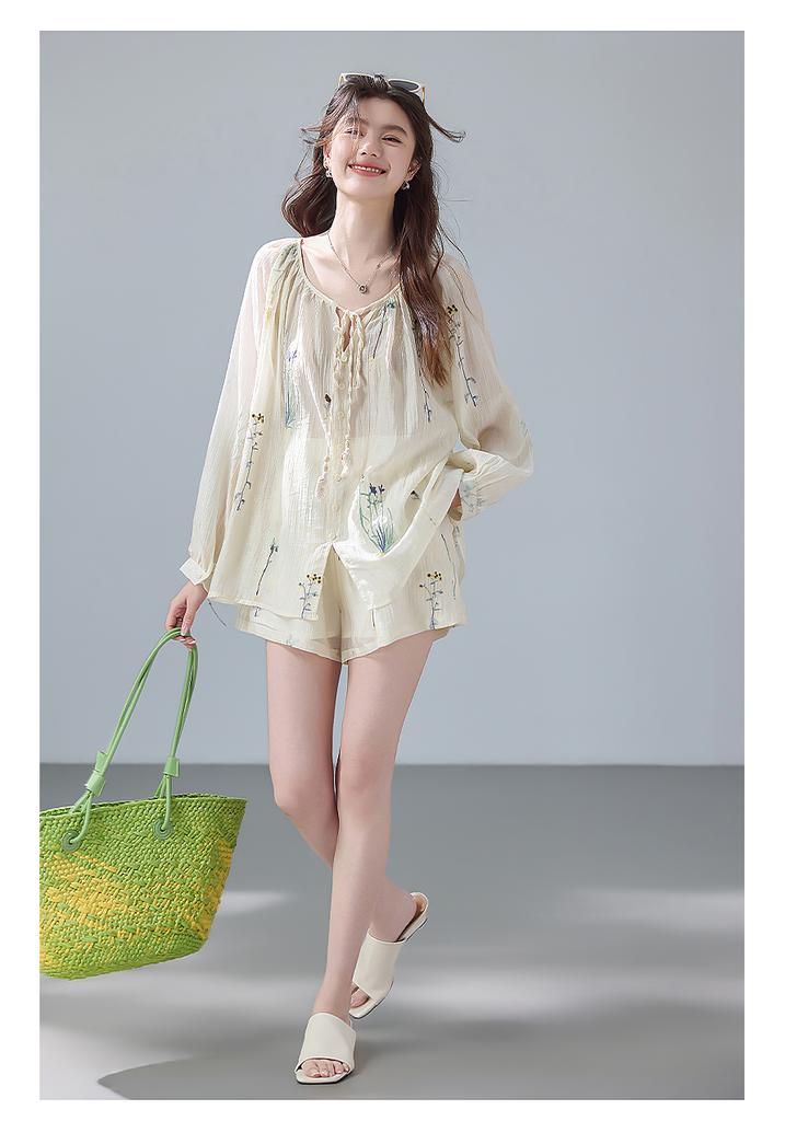 French Vacation Style Lyocell Sun Protection Embroidered Long-Sleeved Shirt and Elastic Waist Lined Shorts Two-Piece Set for Summer