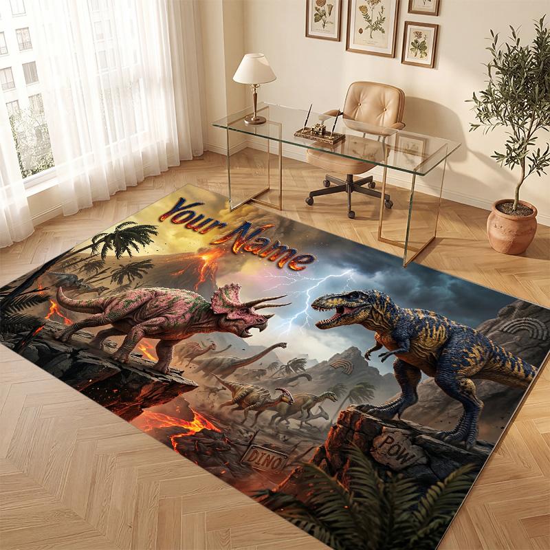 Dinosaur Theme Soft Crystal Velvet Rug Custom Name & Text Print Non Slip Floor Rug for Bedroom Living Room