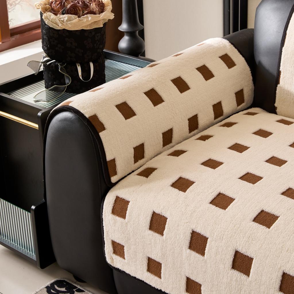 Warm Cube Jacquard Tuffed Fleece Anti-Slip Sofa Cover for Living Room Couch Seat Cover, Universal Sofa Slipcover Furniture Towel