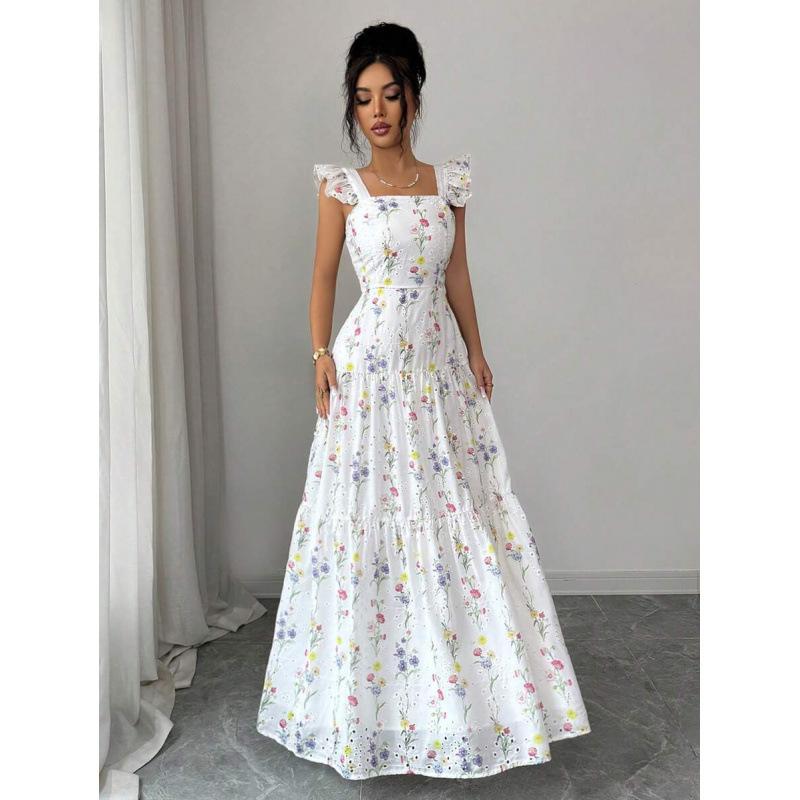 European and American floral ruffled long square collar A-line casual vacation beach elegant dress for women XS