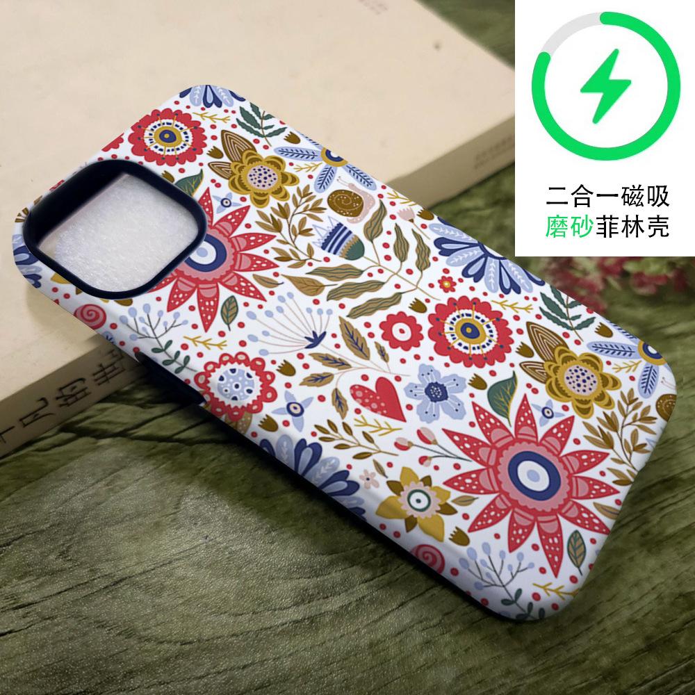 Retro Ethnic Style Flower Mobile Phone Case Apple 12 Two-in-one Film Case iPhone17 Anti-drop Magnetic Protective Case