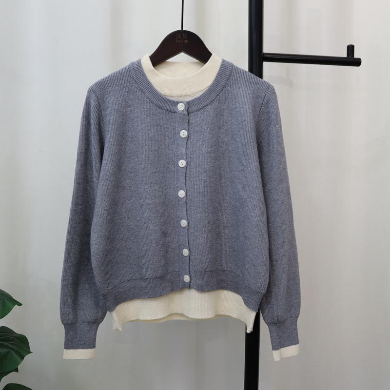 Crew Neck Fake Two-piece Knitted Cardigan Women's Autumn and Winter New Loose Contrasting Color Design Temperament Sweater Jacket