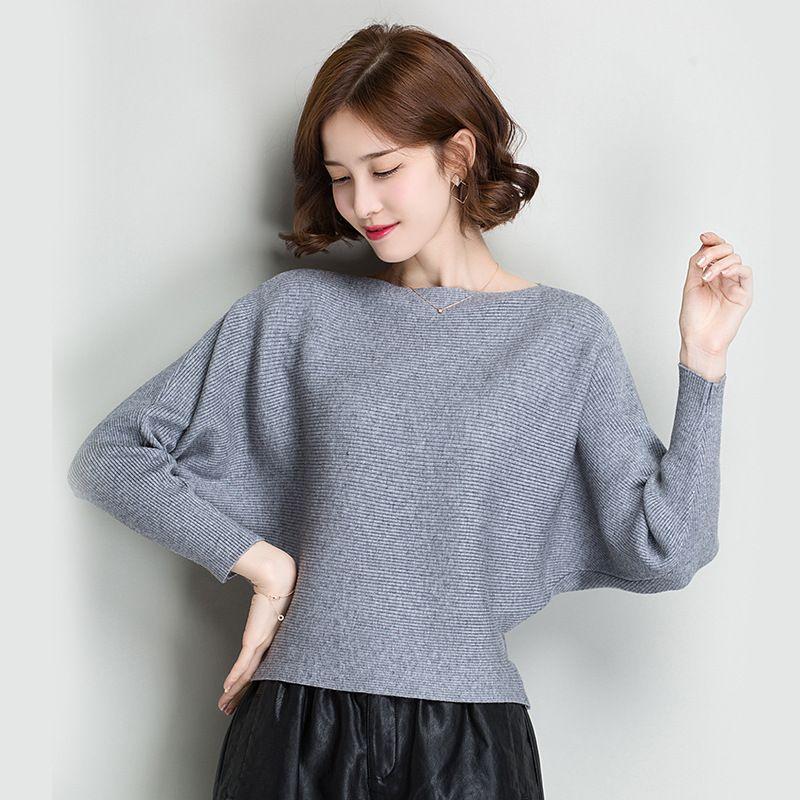 Netopýří košile Dámský Top raný podzim Nová verze svetru Univerzální Volný Netopýří rukáv Pletený základ s jedním límcem