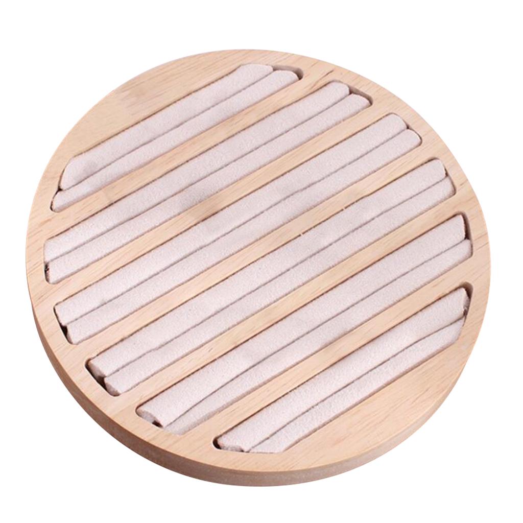 Round Wooden Jewelry Showcase Ring Display Tray Organizer White Leather