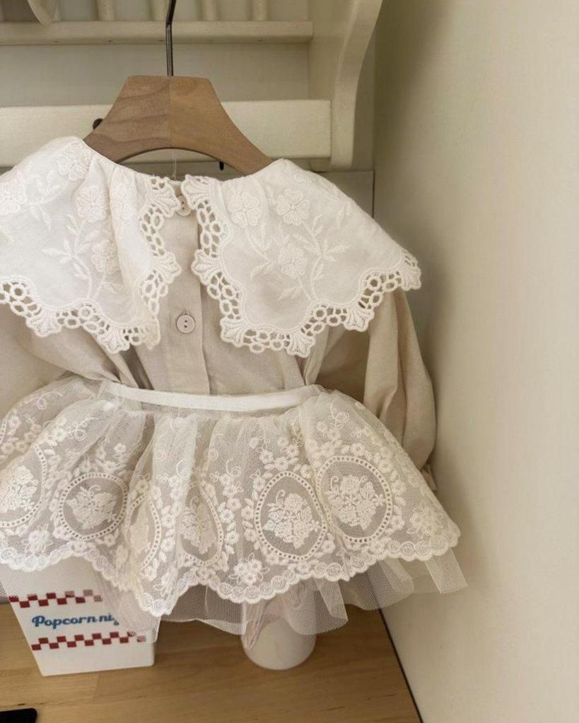 2025 Korean Spring Lace Lapel Snap Crotch Bodysuit for Girls - Infant/Toddler Romper