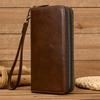 Men'S Crazy Horse Leather Long Wallet Genuine Leather Double Zipper Wallet Multi-Card Cowhide Clutch Bag Large Capacity Mobile Phone Bag
