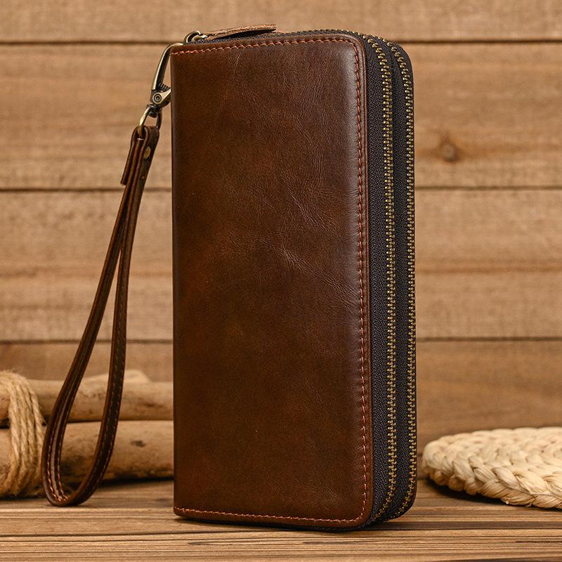 Men'S Crazy Horse Leather Long Wallet Genuine Leather Double Zipper Wallet Multi-Card Cowhide Clutch Bag Large Capacity Mobile Phone Bag