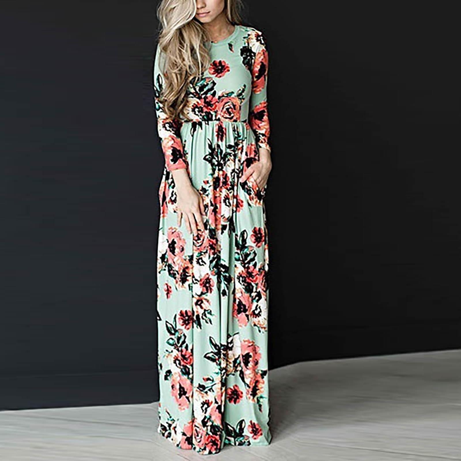 

Women s Fashion Summer Crewneck Floral Print Dress XL зелёный