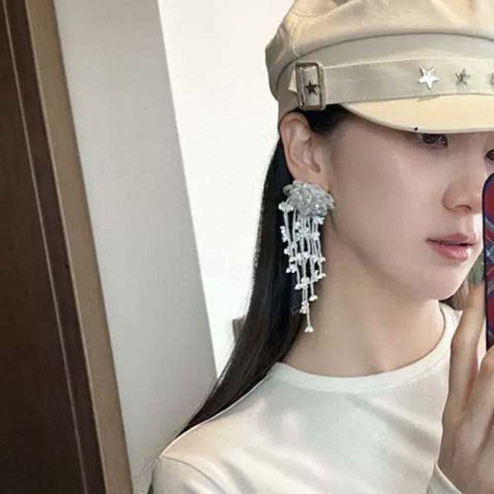 Rhinestone Floral Tassel Earrings Luxury Long Ear Drop Brilliant Crystal Beads Ear Drop  Party