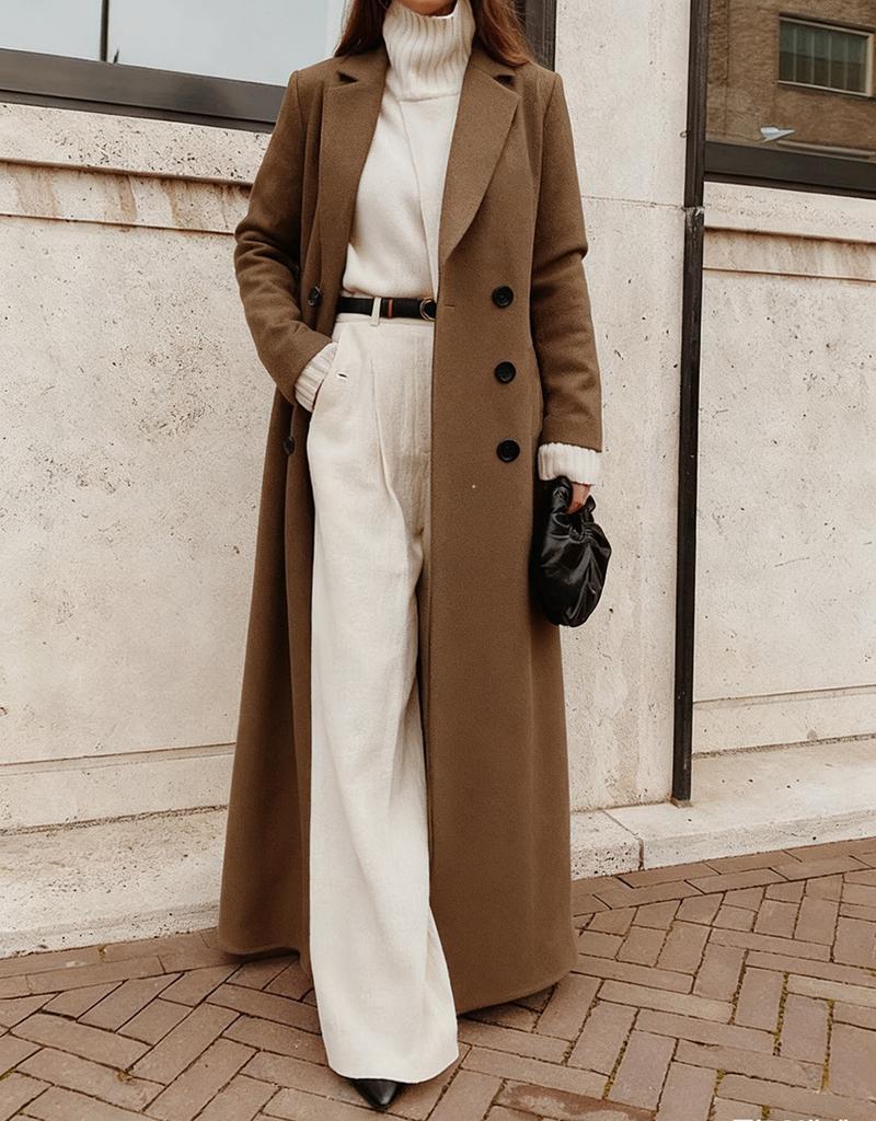 Women's Lapel Collar Solid Color Long Length Wool Blend Coat Double Breasted Warm Winter Outerwear