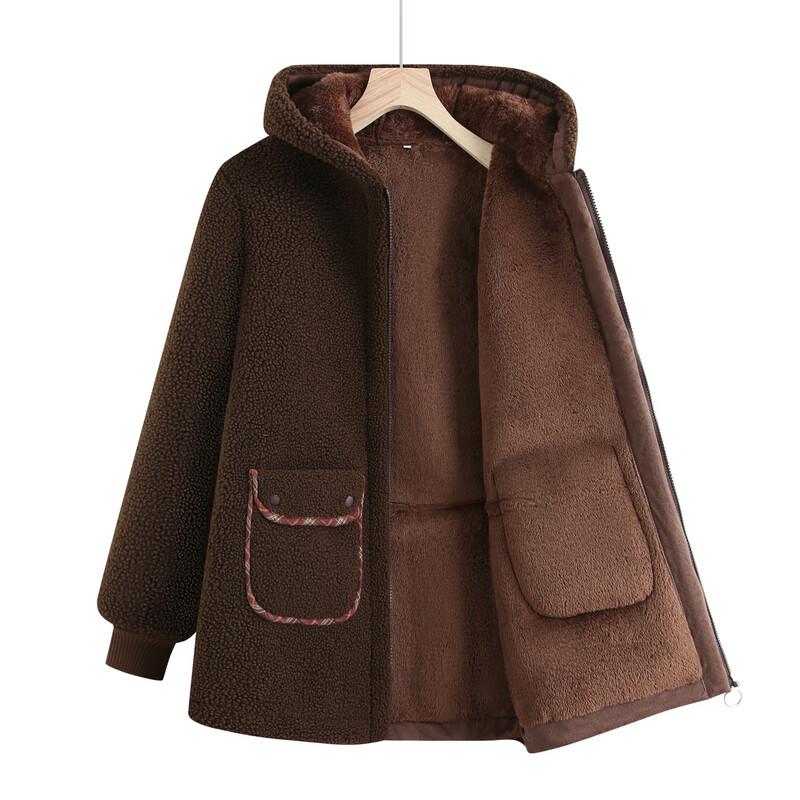 Middle-aged Women's Faux Lamb Wool Lined Hooded Winter Jacket