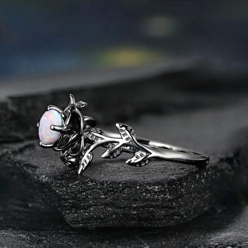 Inlaid Moonstone Rose Flower Rings Women Fashion Ring Romantic Attractive Rings for Women Vintage Metal Inlaid Ring Jewelry
