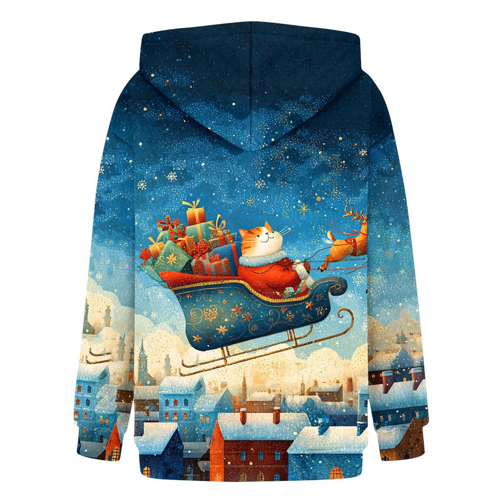 Women's Fashion Long Sleeve Christmas Print Loose Hooded Sweatshirt Top