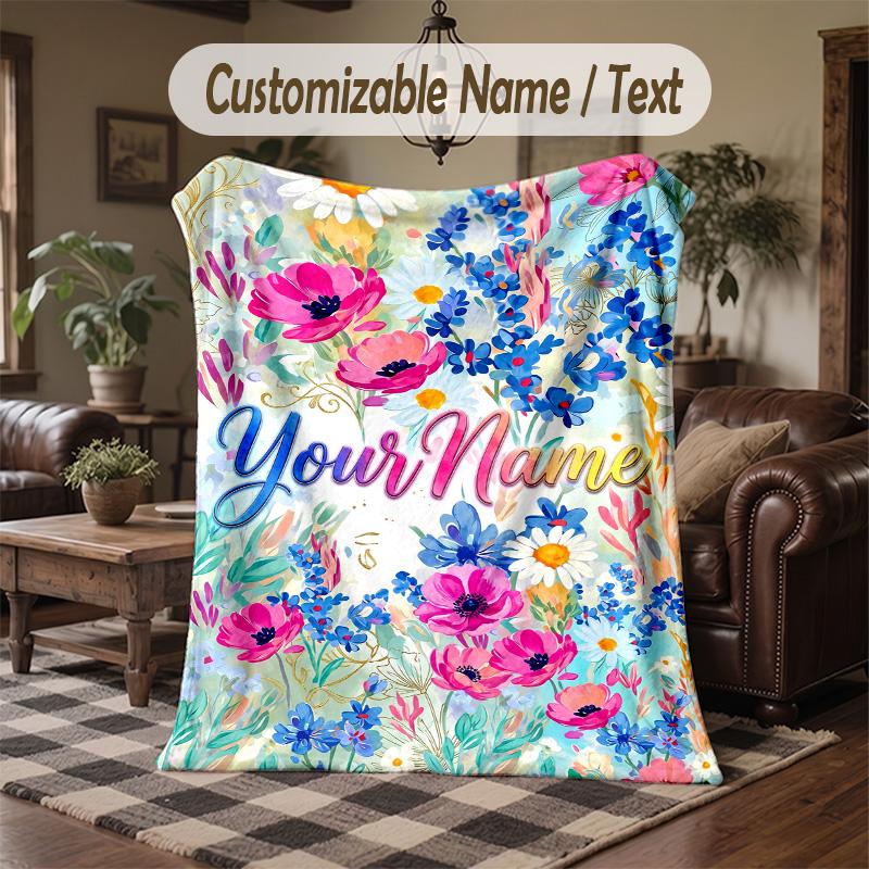 Floral Artwork 17 Theme Throw Blanket Custom Name Text Personalized Blanket Soft Cozy Blanket for Home Sofa Bed