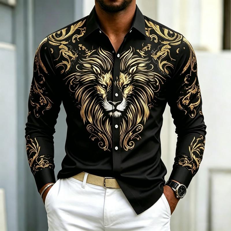 High Quality Men's Shirt Long Sleeved Shirt Solid Color Lion Head Print Design Baroque Business Casual Top Fabric Comfortable