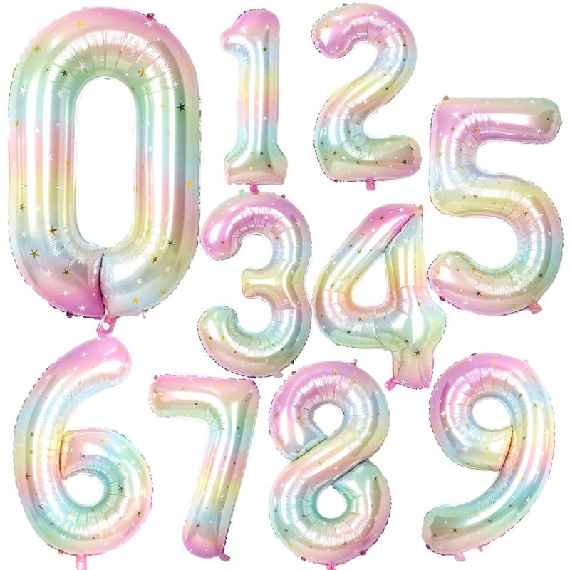 1pc 40inch Pastel Rainbow Number Foil Balloons Star Sky Gradient Digital Balloon Kids Birthday Party Decorations Helium Ball
