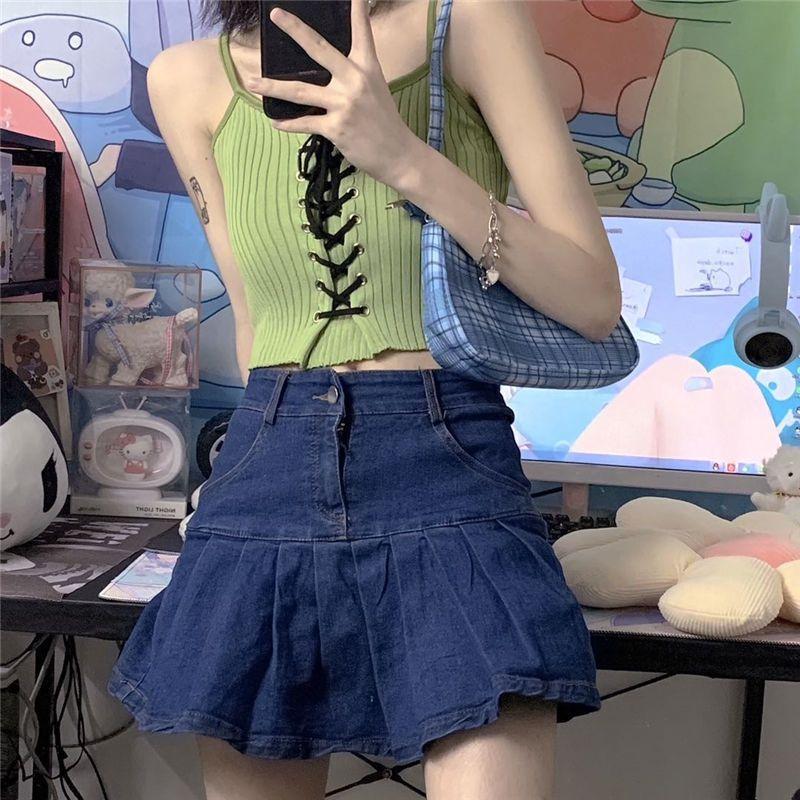 Gothic Grunge Y2k Crop Top bez zad Rukávový Dámský Kawaii Roztomilý Bílý Pletený Tílka Tank Topy Letní Móda Vesta Dámské Šněrovací Oblečení