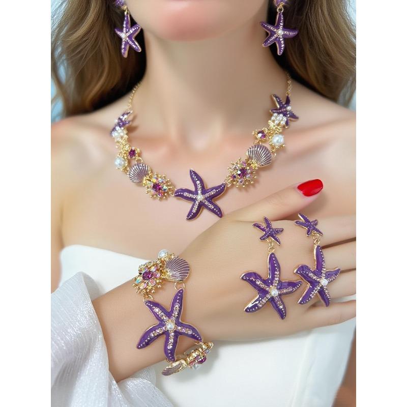 Island style beach starfish vacation four-piece set chain alloy diamond-encrusted bohemian shell jewelry