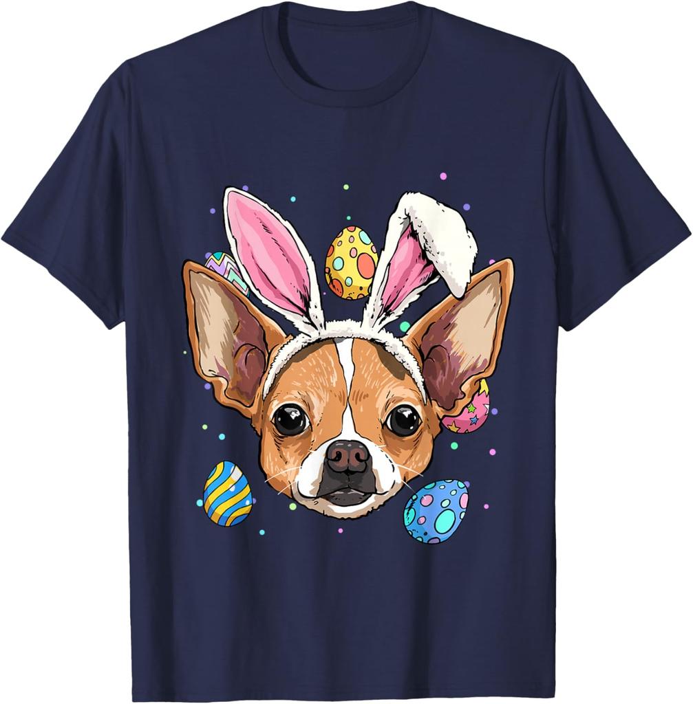 Osterhase Chihuahua Hund Grafik T-Shirt Lässiges Baumwoll Print Kurzarm T-Shirt für Herren