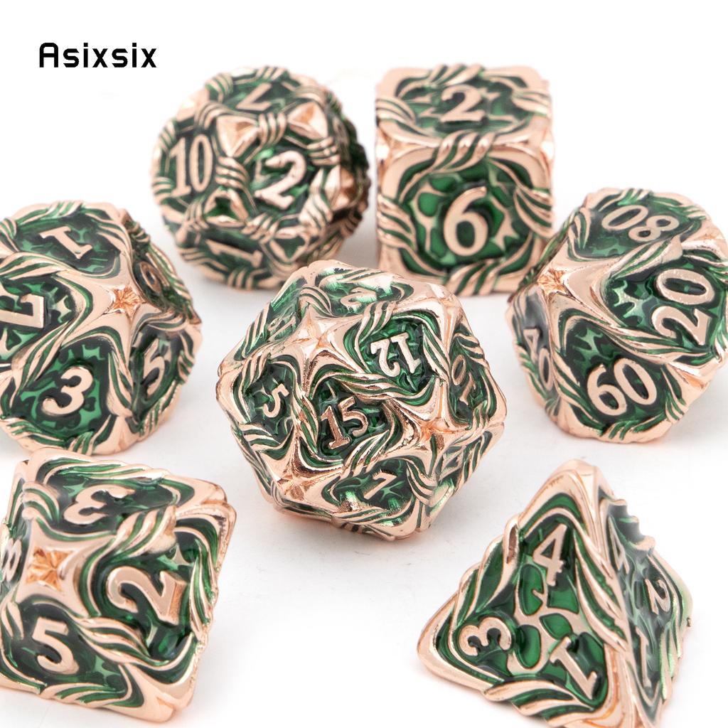 7 Pcs Yellow Green Tree Vine Metal Dice Solid Metal Polyhedral Dice Set Suitable for Role-Playing RPG Board Game Dice RPG