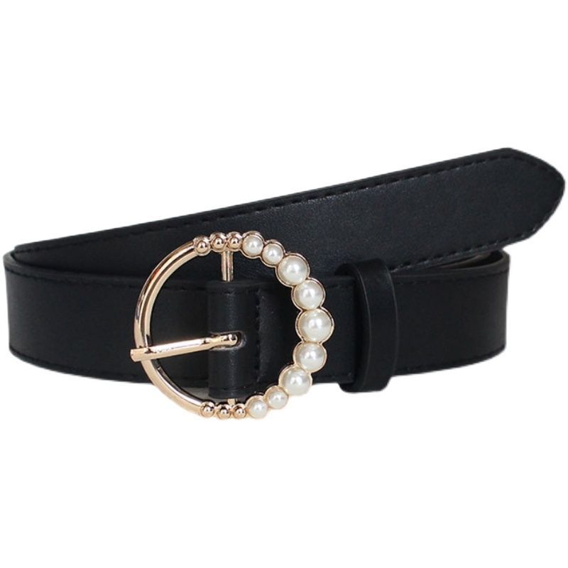 Vintage Black Fashionable Pearl Buckle Belt For Women Chic Denim Accessory Outfit