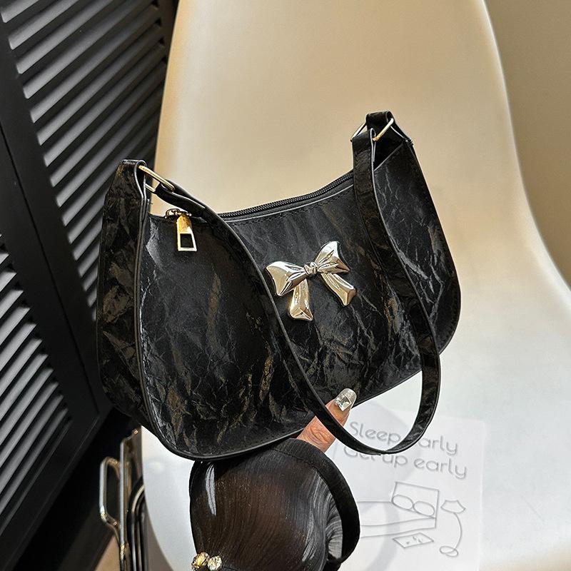 Y2K Style Metallic Underarm Bag, Minimalist Crescent Purse with 3D Bow Detail Shoulder Purse for Casual Dating Versatile Bag