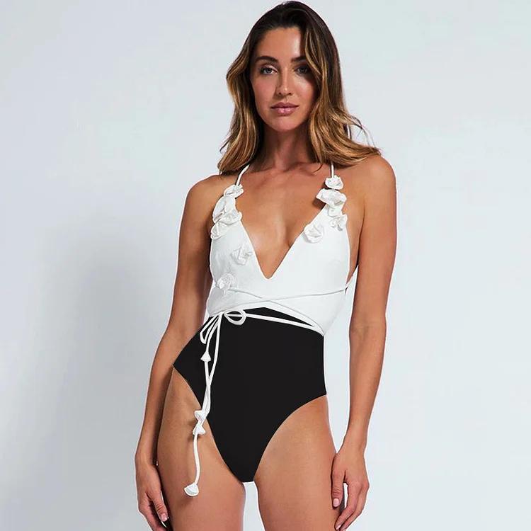 Women's Black & White Color Block Halter Neck Deep V Bikini Swimsuit, Sexy Backless Design with Floral Print - European & American Style.