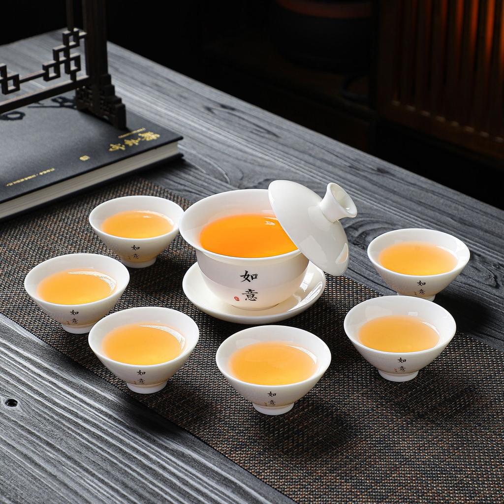High Quality White Porcelain Tea Set Gaiwan Bamboo Hat Cup Kung Fu Chinese Ceramic Teaware Home Office Business Tea Insufer