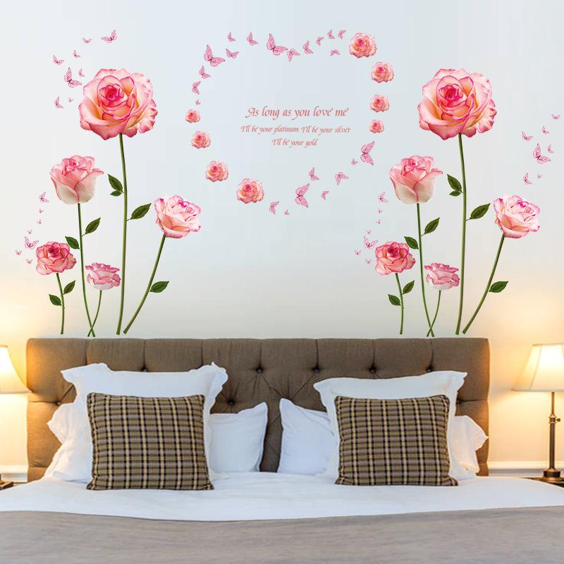 Pink Rose Wall Sticker for Romantic Bedroom Living Room Decor Self Adhesive Decorative Flowers for Doors Walls