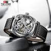 TEVISE Watches for Man Square Retro Mechanical Watch Self-Wind Carved Skeleton Automatic Watches Vintage Leather Strap Wristwatch
