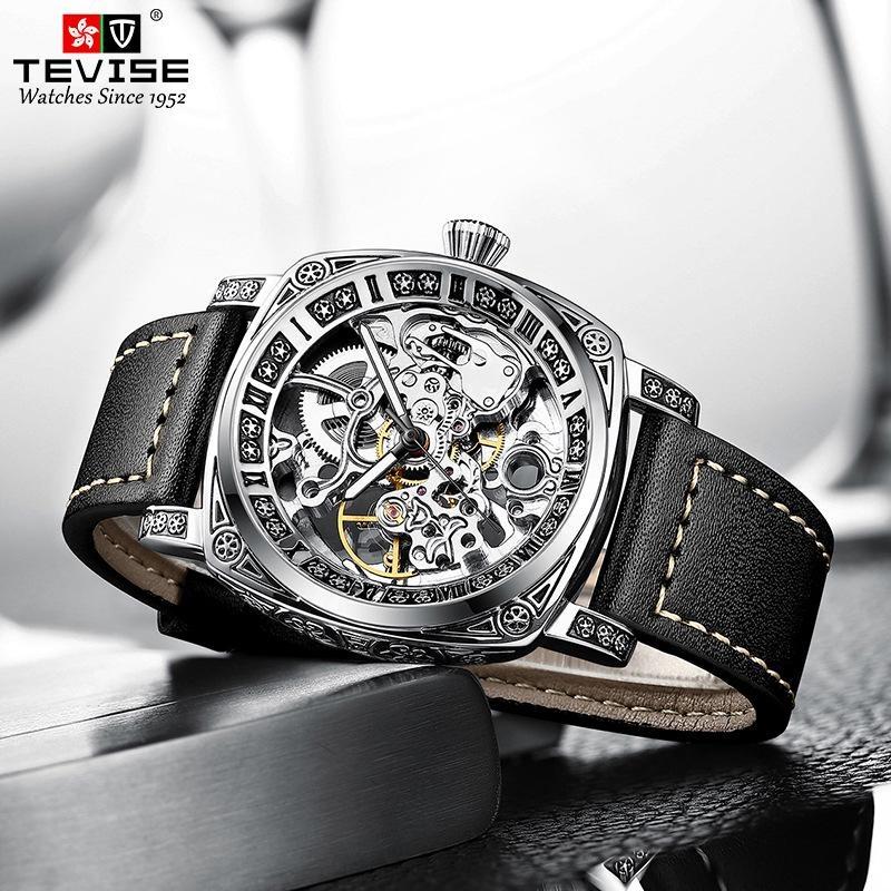 TEVISE Watches for Man Square Retro Mechanical Watch Self-Wind Carved Skeleton Automatic Watches Vintage Leather Strap Wristwatch