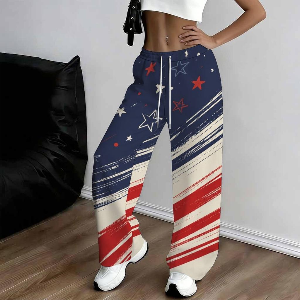 Women Plus Size Beige Star Striped Printed Loose Straight Leg Full Length Pants