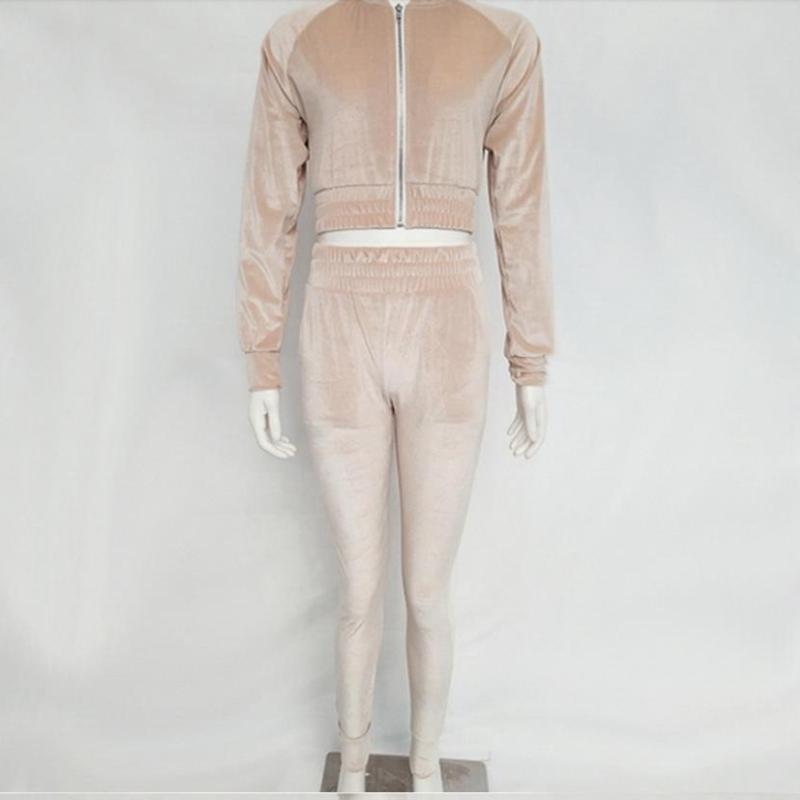 Conjunto de dos piezas de terciopelo de moda urbana para mujer, pantalones casuales sólidos con cremallera y cuello redondo, trajes de pantalón de 2 piezas para mujer, conjuntos de pantalones deportivos ajustados para mujer 25834
