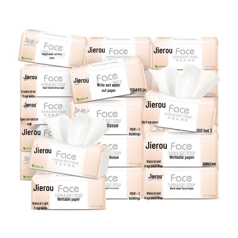 Jie Rou Unscented 3-Ply Face Tissue, 6 Packs x 100 Sheets, Wet-Wipeable, Household Use