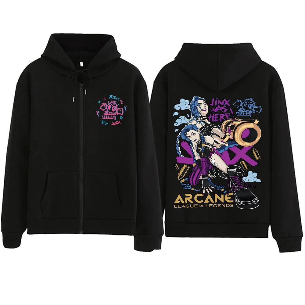 Arcane-Jinx Grafik Fermuarlı Kapüşonlu Sweatshirt Erkek Kadın Hip Hop Moda