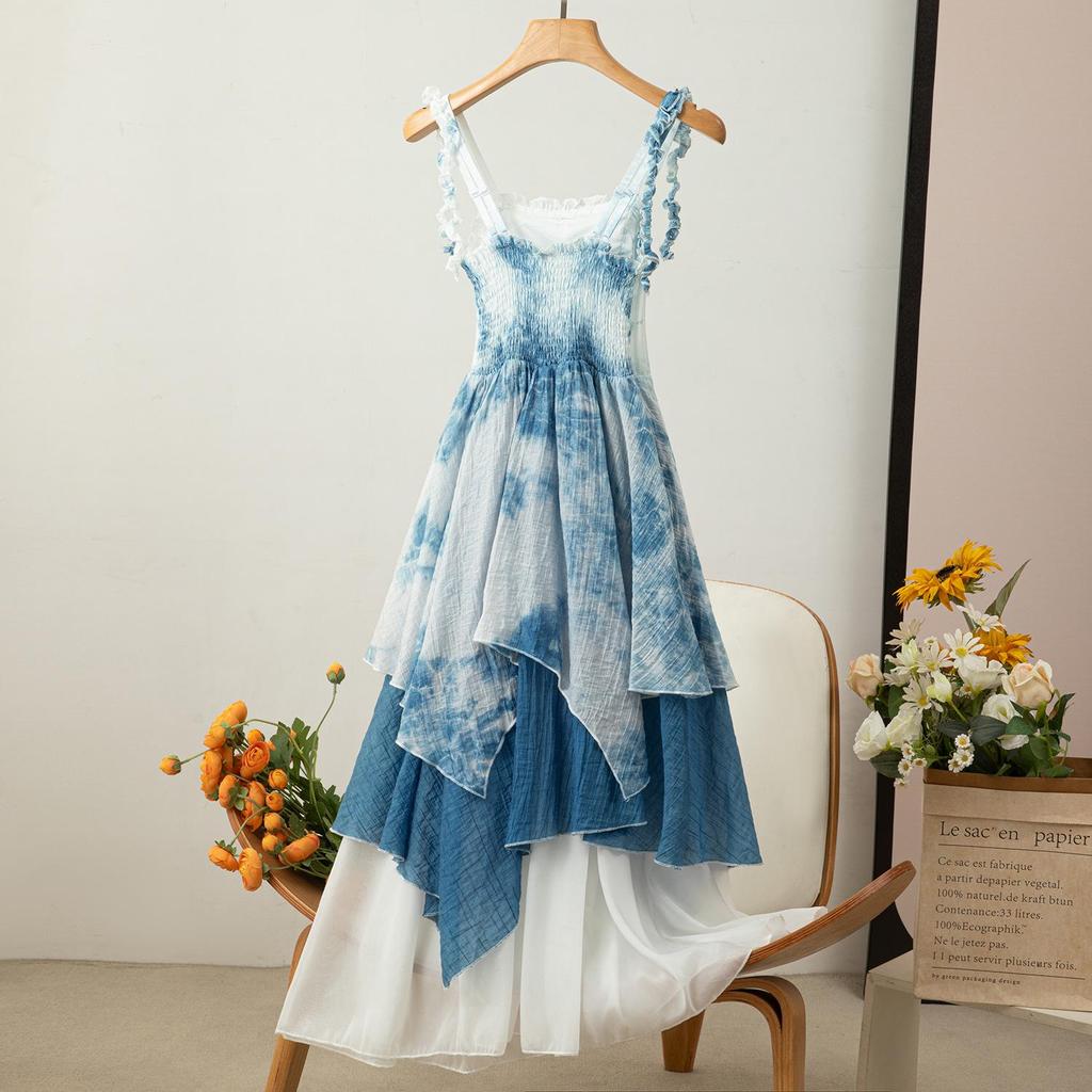 Yunnan Tie-Dye Indigo Fairy-Style Camisole Dress - Women's Elegant Travel Skirt