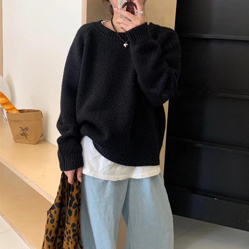 Women's Autumn Winter Loose Thick Sweater Tops Female O-neck Knitted Tops Ladies Solid Color Warm Pullovers