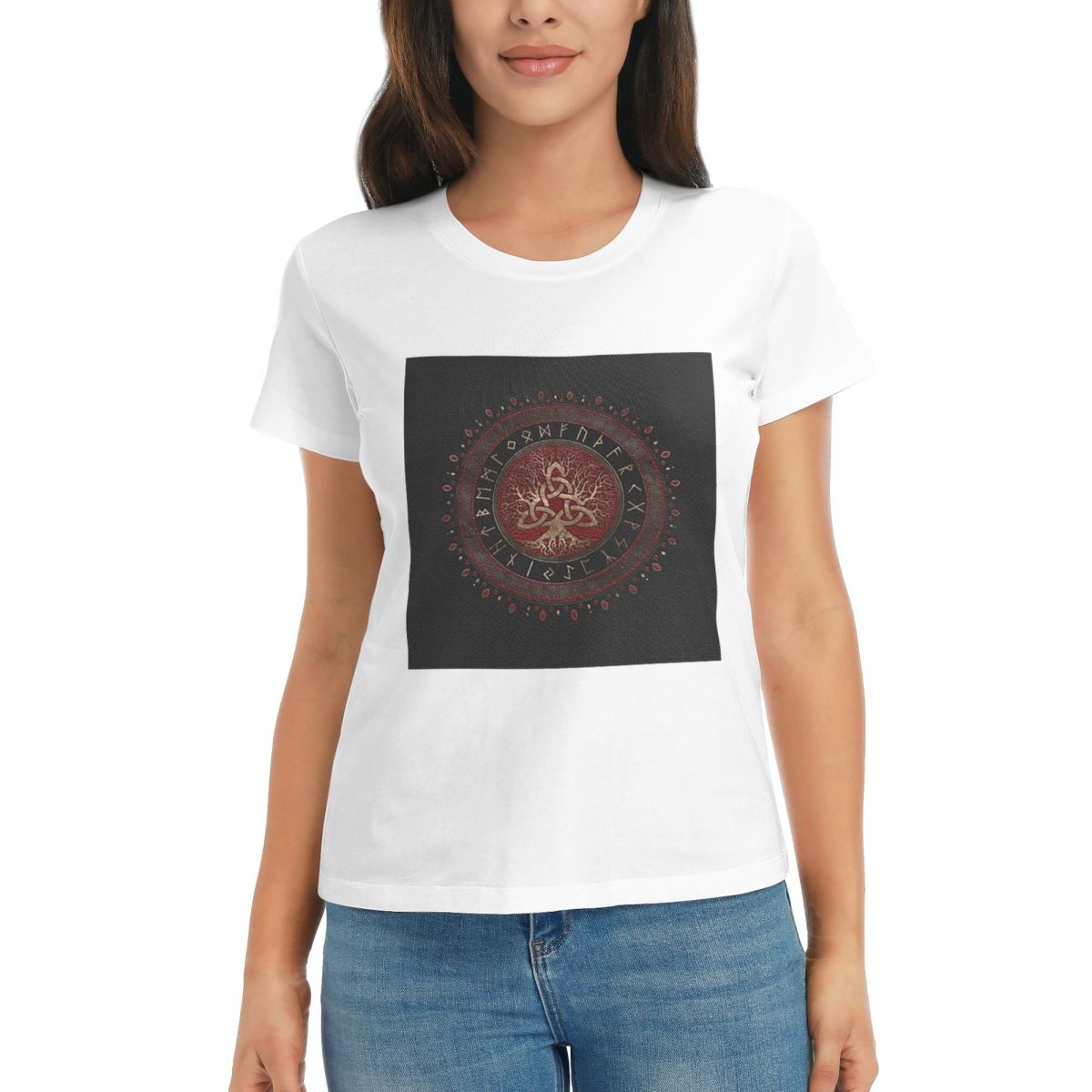 

Women TShirt Tree Of Life With Triquetra Black Red Leather And Gold Short Sleeve Tees Crew Neck Shirts Clothes Tops Streetwear S