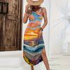 Women Sleeveless Maxi Dress Casual Loose Fit Summer Beachwear Hawaiian Print Long Dress with Side Slit for Daily Wear