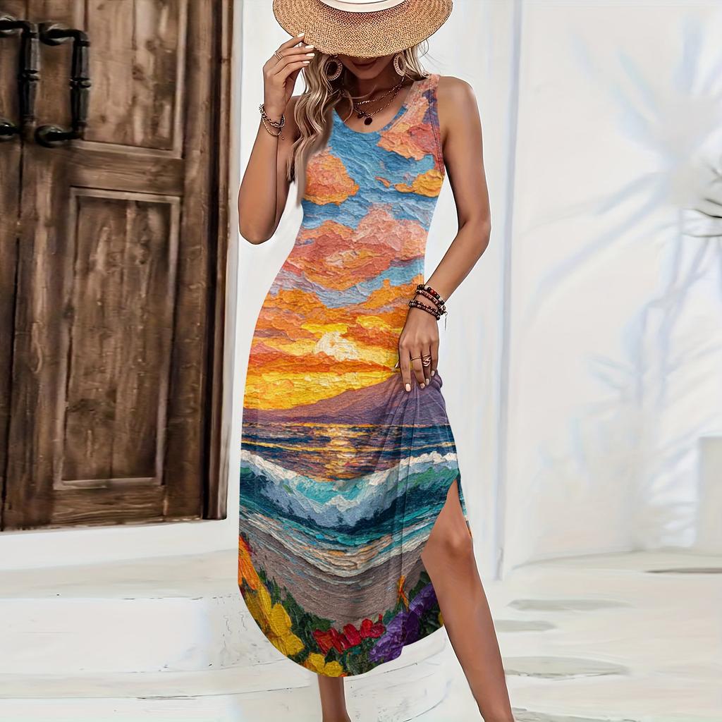 Women Sleeveless Maxi Dress Casual Loose Fit Summer Beachwear Hawaiian Print Long Dress with Side Slit for Daily Wear