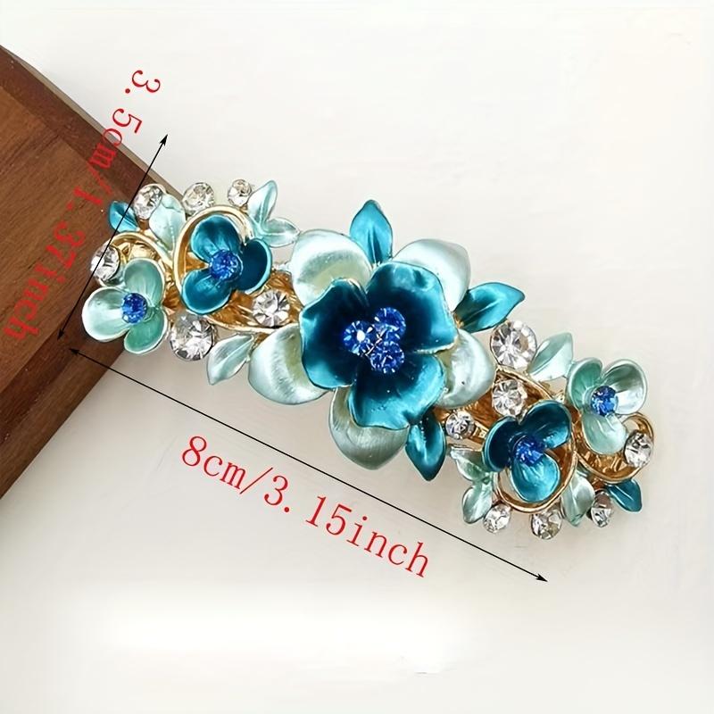 Single Bohemian Floral Rhinestone Hair Clip Large Rectangular Hairpin with Multicolor Enamel Flowers, Sparkling Crystals Golden Tone Accents for Women