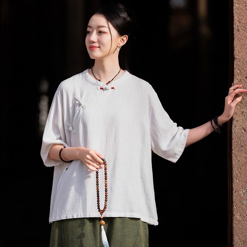 Johnature Women Chinese Style Shirts Solid Color Stand Half Sleeve Tops Summer Vintage Button Women Shirt Blouses