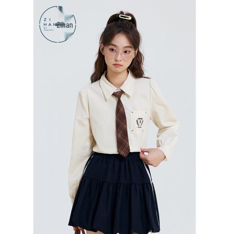 ZIHAN Women s Preppy Style Embroidered Long-Sleeve Tie Shirt M