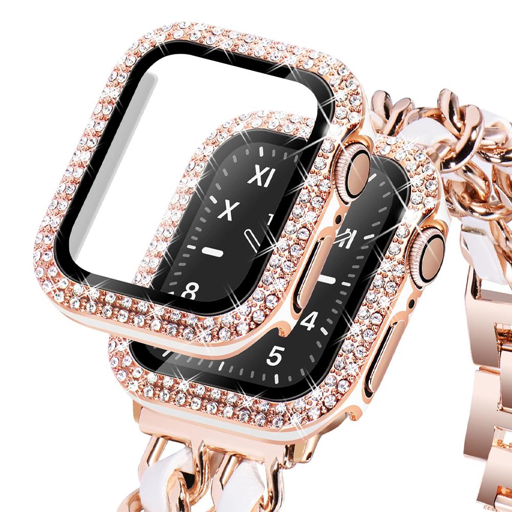 

Стекло + чехол для Apple Watch, чехол 45 мм, 41 мм, 40 мм, 44 мм, 38 мм, 42 мм, аксессуары, защитная пленка для экрана с бриллиантами iwatch series 3, 4, 5, 6 SE 7