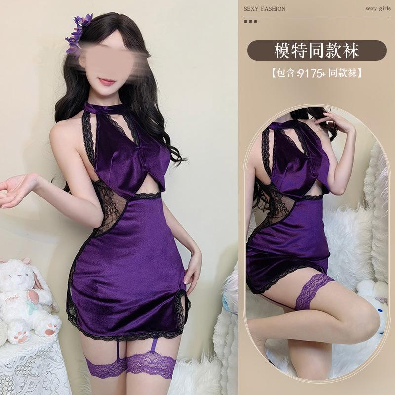 Sex underwear purple pure desire rose sexy cheongsam free perspective nightclub sex uniform hanging neck