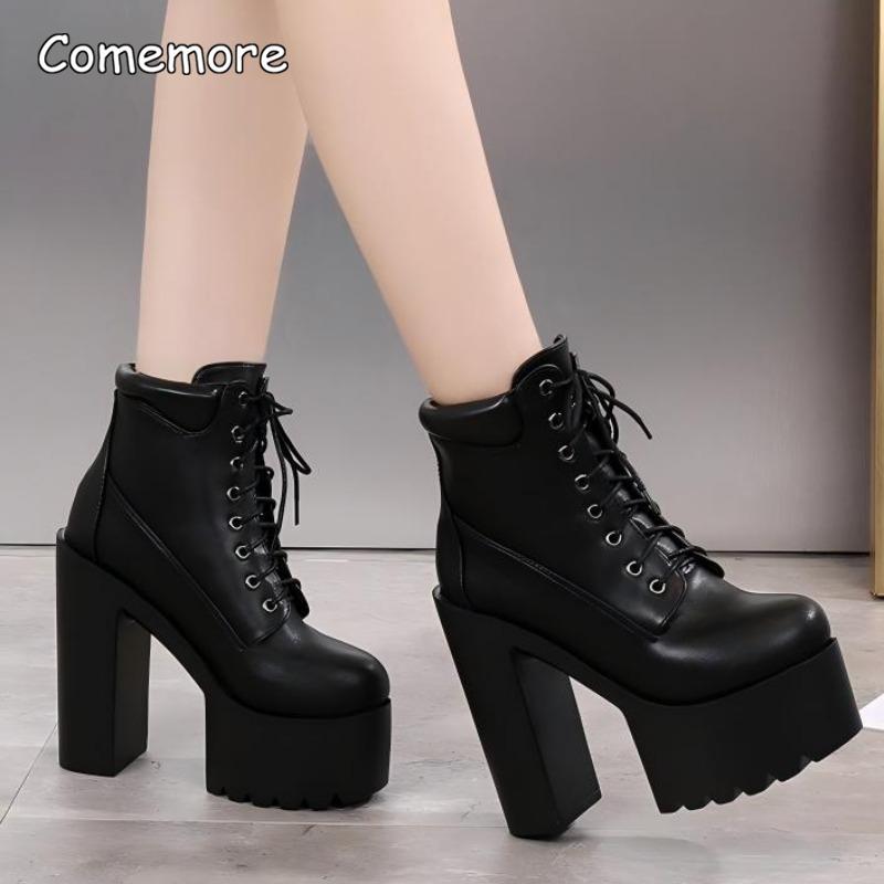 Super High Chunky Heel White Short Boots Lace Up Platform Shoes Punk Style 14cm High Boots Women's Botines Size34 Bottes Femmes