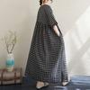 Real Summer New Thin Cotton and Linen Short-sleeved Plaid Simple Bohemian Medium and Long Foreign Trade Dress Women