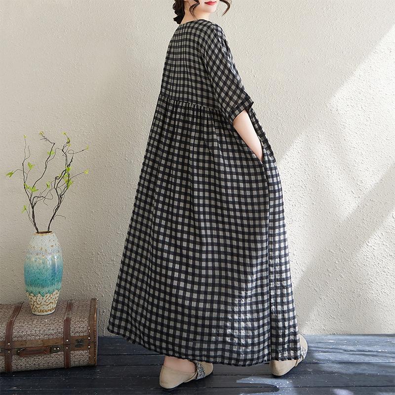 Real Summer New Thin Cotton and Linen Short-sleeved Plaid Simple Bohemian Medium and Long Foreign Trade Dress Women