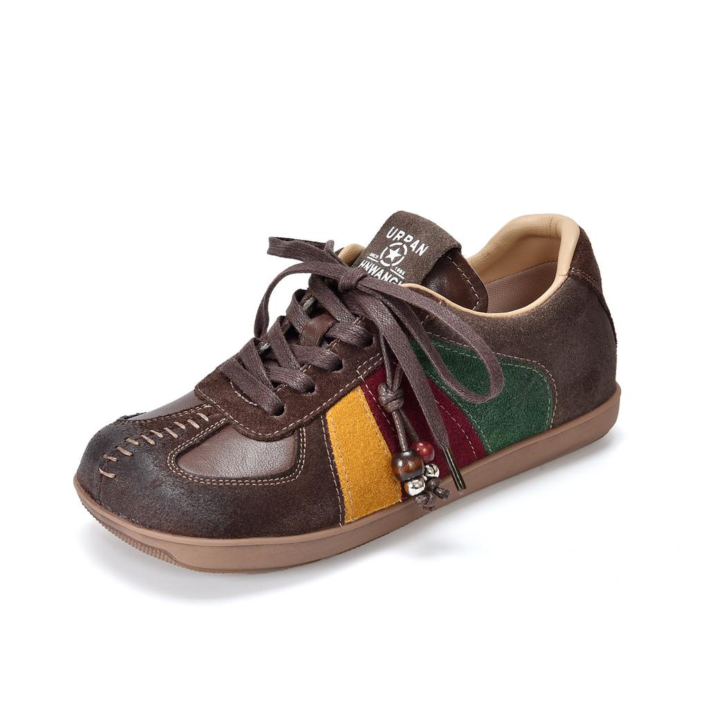 Johnature Flat Lace Up Women's Shoes Genuine Leather Retro Mixed Colors Versatile All Season Shoes