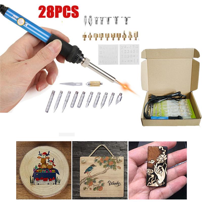 60W Verstellbares Temperatur-Pyrographie-Stift-Set mit 28 Holzbrandspitzen – 110V/220V.